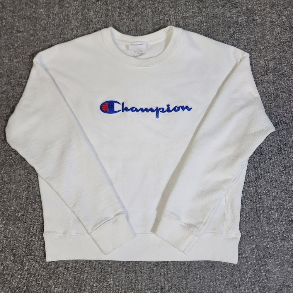 Champion Reverse Weave Cropped Crewneck Sweatshirt White Logo Women’s L